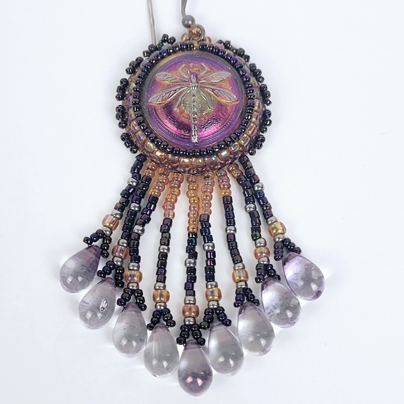 Vtg Dragonfly Earrings~Dangle Beaded~Teardrop~Leather Back~Handmade~Southwestern - Picture 4 of 14